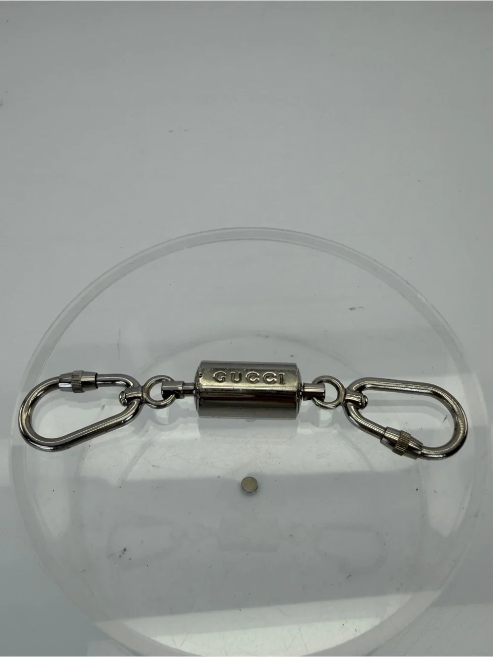 Gucci Logo Silver Tone Carabiner Double Key Ring Holder Charm Made in Italy Used